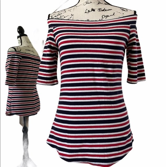 KAREN KANE Off Shoulder Red White  Blue Striped Contouring Normcore Top S - Picture 3 of 10